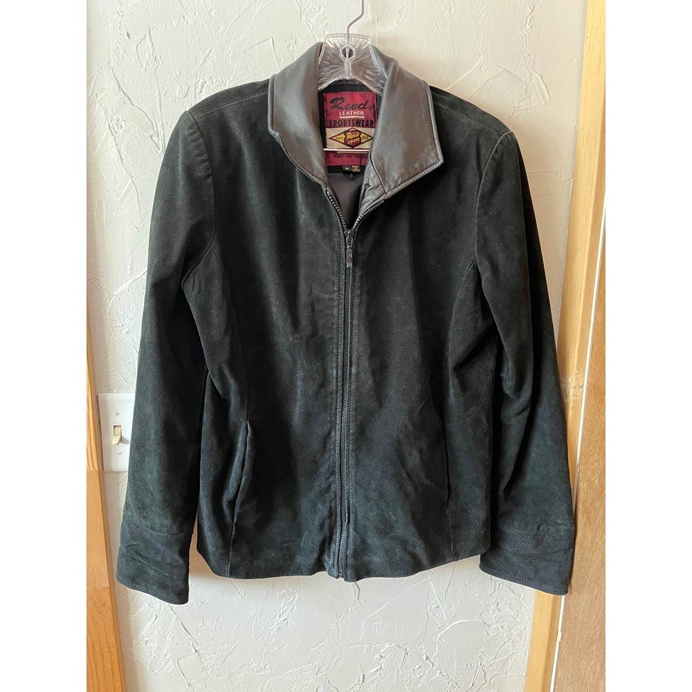 Reed Leather Sportswear Mens Black Suede Full Zip Jacket Leather Collar‎ Medium